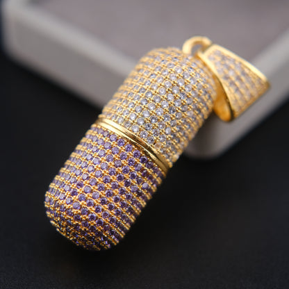 ❤️ Vintage Gold Tone Pavé Crystal Capsule Pendant Secret Pill Holder Purple Stones