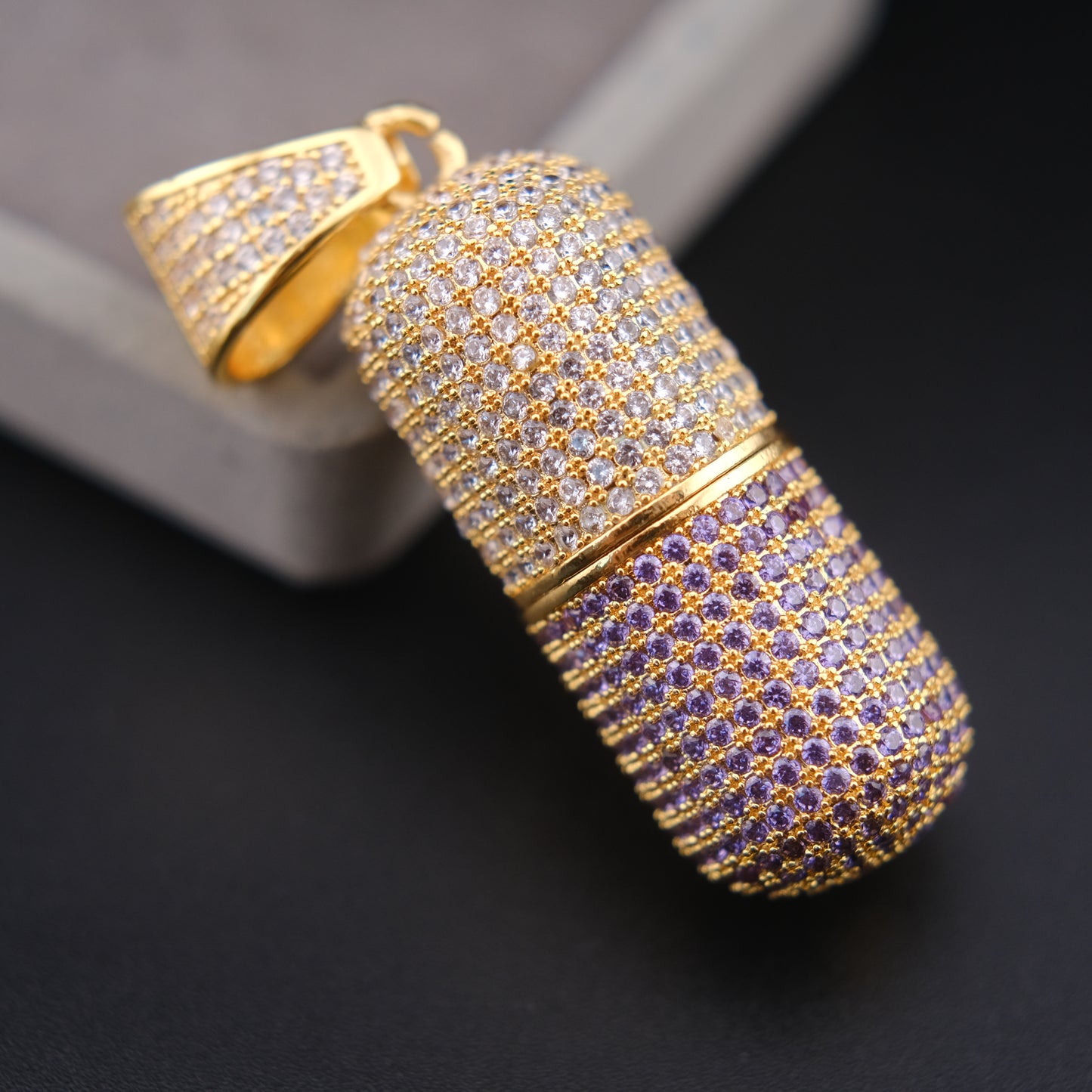 ❤️ Vintage Gold Tone Pavé Crystal Capsule Pendant Secret Pill Holder Purple Stones