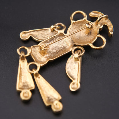Vintage Articulated Clown Brooch / Pendant – Gold Tone Enamel Rhinestone Movable Figure (Convertible Jewelry)