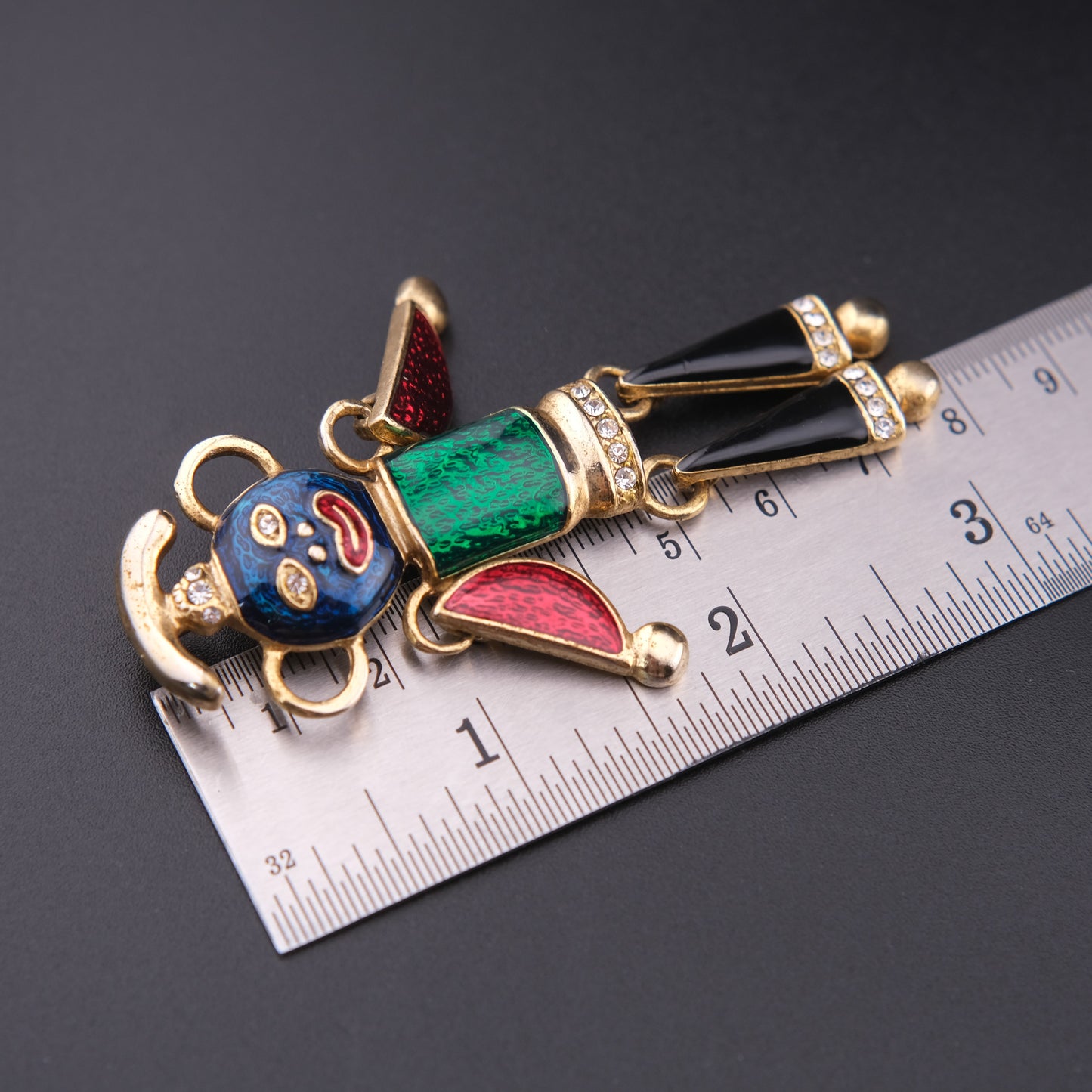 Vintage Articulated Clown Brooch / Pendant – Gold Tone Enamel Rhinestone Movable Figure (Convertible Jewelry)