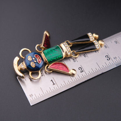 Vintage Articulated Clown Brooch / Pendant – Gold Tone Enamel Rhinestone Movable Figure (Convertible Jewelry)
