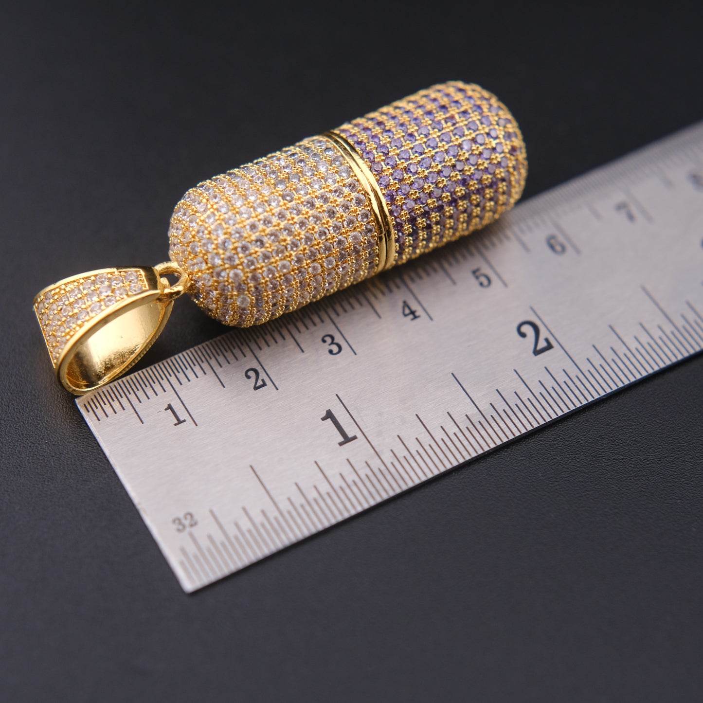 ❤️ Vintage Gold Tone Pavé Crystal Capsule Pendant Secret Pill Holder Purple Stones