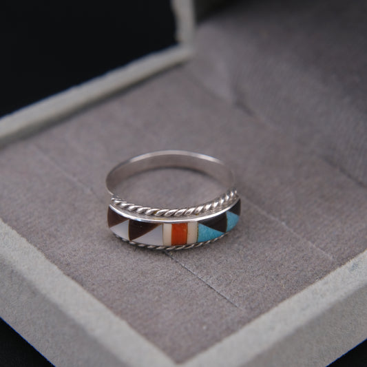 ❤️ Vintage Zuni Sterling Silver Multi-Stone Inlay Ring Size 8 – Turquoise Coral Shell Jet Southwestern Band