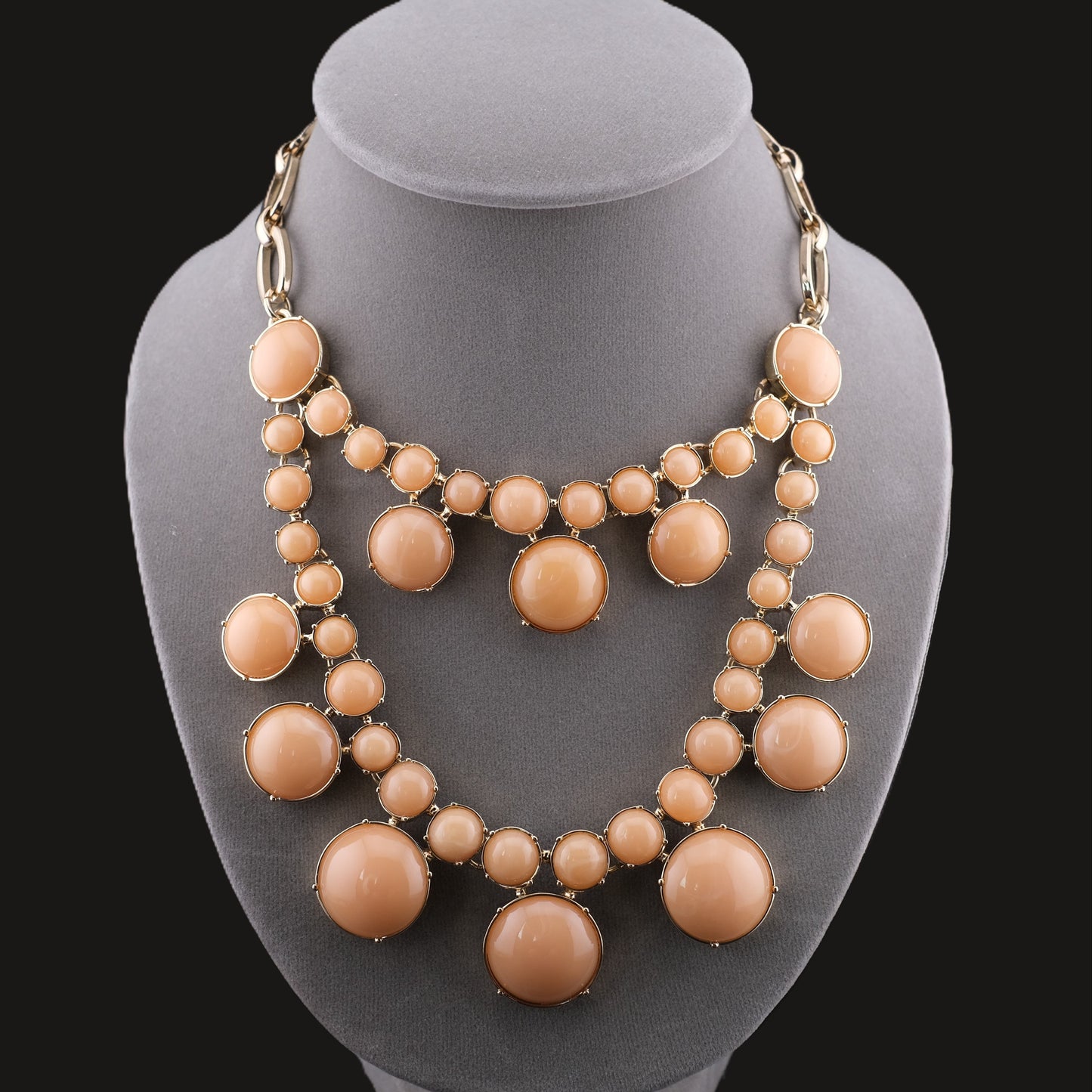 Vintage Talbots Double Strand Bib Necklace Peach Cabochon Gold Tone Statement
