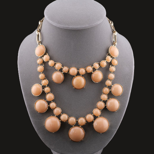Vintage Talbots Double Strand Bib Necklace Peach Cabochon Gold Tone Statement