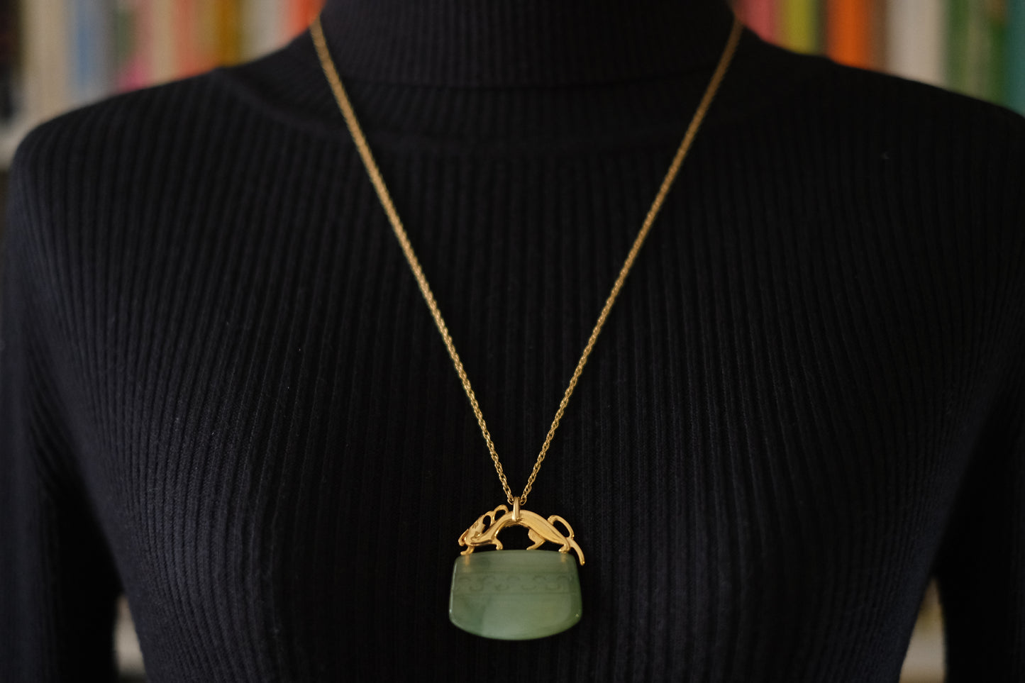 Vintage Crown Trifari Simulated Jade Pendant Necklace with Mythical Beast Design