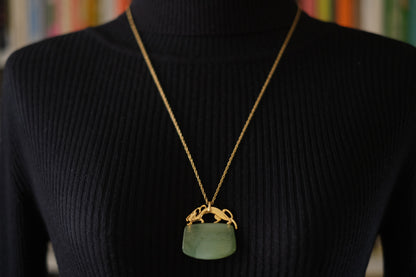 Vintage Crown Trifari Simulated Jade Pendant Necklace with Mythical Beast Design