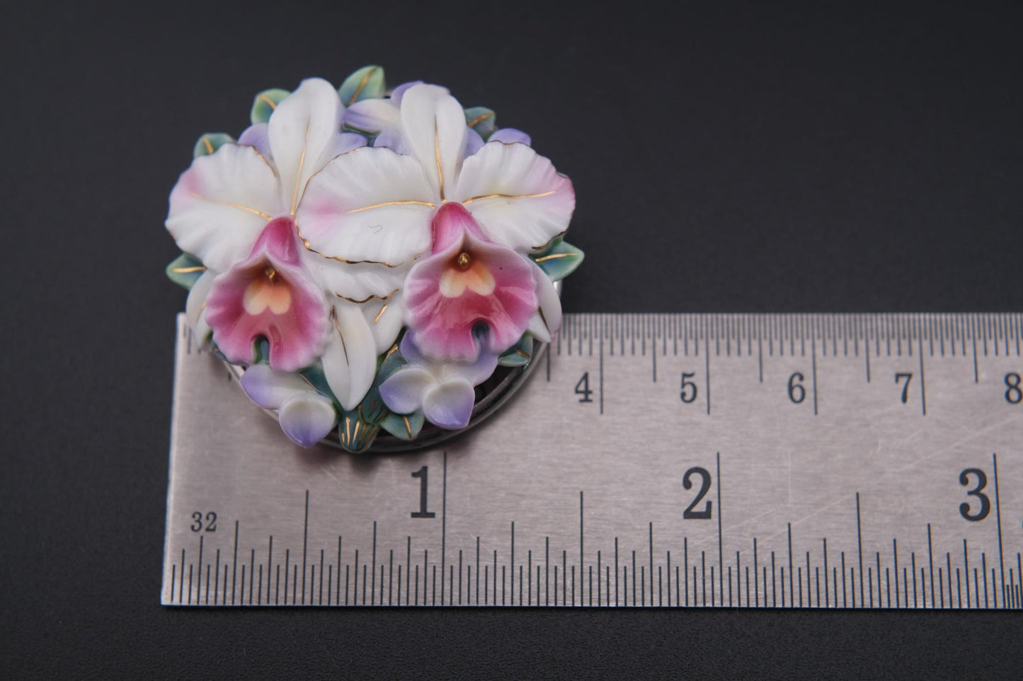 Vintage Toshikane Orchid Brooch Pendant – Hand-Painted Porcelain Flowers in Sterling Silver Mount