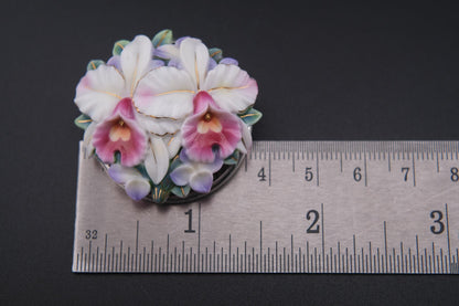 Vintage Toshikane Orchid Brooch Pendant – Hand-Painted Porcelain Flowers in Sterling Silver Mount