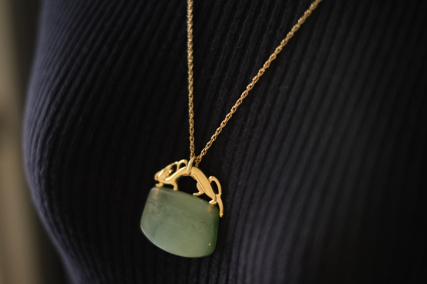 Vintage Crown Trifari Simulated Jade Pendant Necklace with Mythical Beast Design