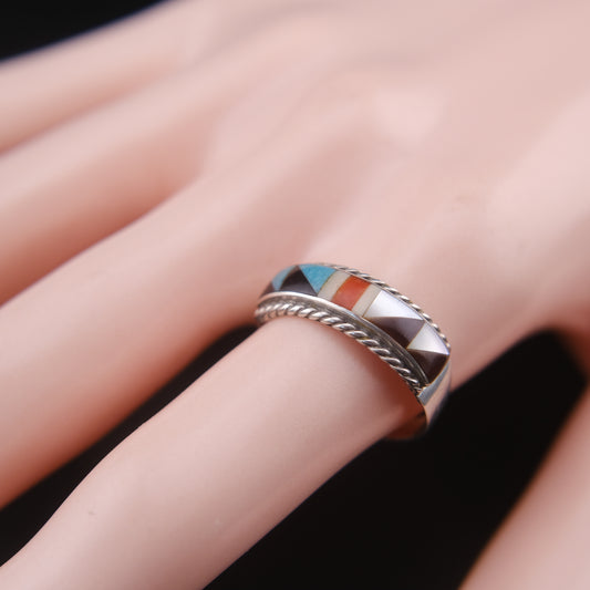 ❤️ Vintage Zuni Sterling Silver Multi-Stone Inlay Ring Size 8 – Turquoise Coral Shell Jet Southwestern Band