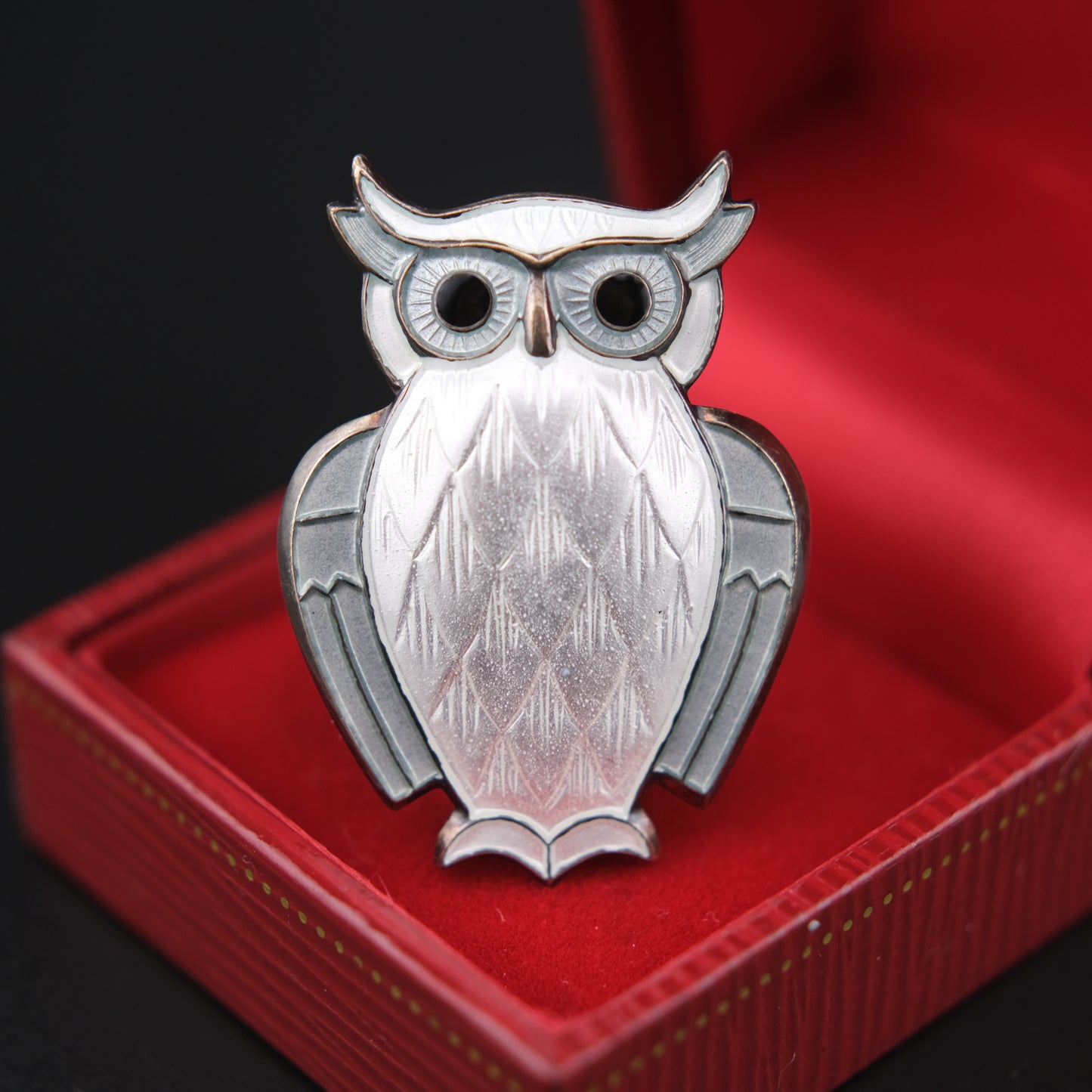 Vintage David-Andersen Norway Sterling Silver White Guilloché Enamel Owl Brooch
