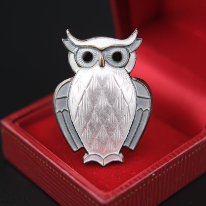 Vintage David-Andersen Norway Sterling Silver White Guilloché Enamel Owl Brooch