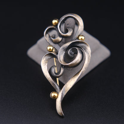 ❤️ Vintage Jean Louis Scherrer Sculptural Swirl Brooch – Silver Tone with Gold Accent – Signed