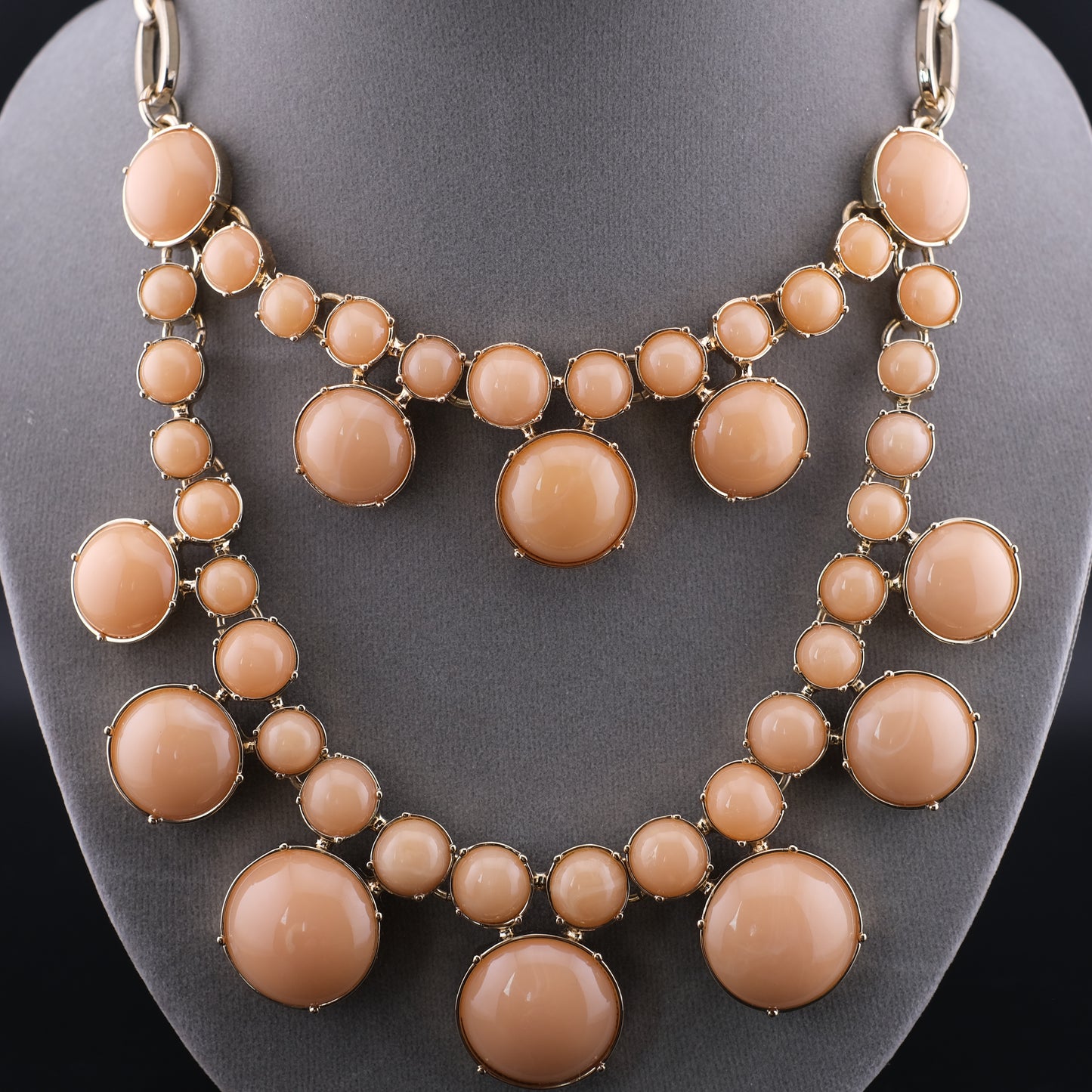 Vintage Talbots Double Strand Bib Necklace Peach Cabochon Gold Tone Statement