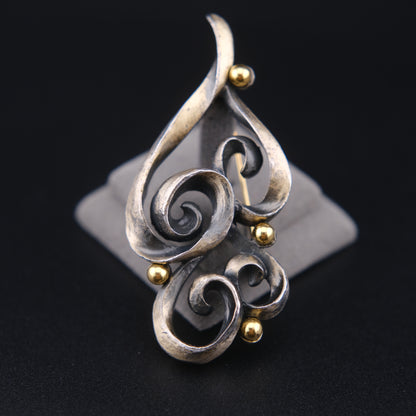 ❤️ Vintage Jean Louis Scherrer Sculptural Swirl Brooch – Silver Tone with Gold Accent – Signed