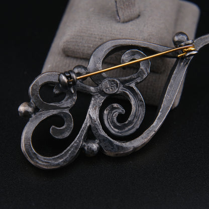 ❤️ Vintage Jean Louis Scherrer Sculptural Swirl Brooch – Silver Tone with Gold Accent – Signed