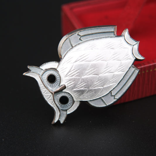 Vintage David-Andersen Norway Sterling Silver White Guilloché Enamel Owl Brooch