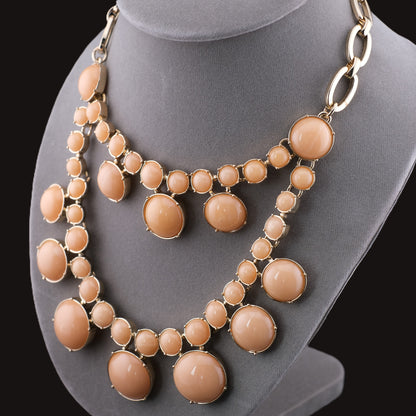 Vintage Talbots Double Strand Bib Necklace Peach Cabochon Gold Tone Statement