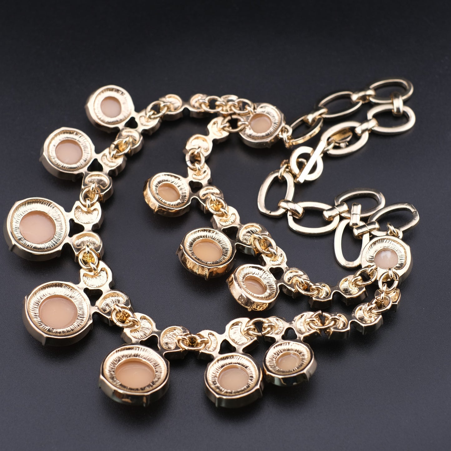 Vintage Talbots Double Strand Bib Necklace Peach Cabochon Gold Tone Statement