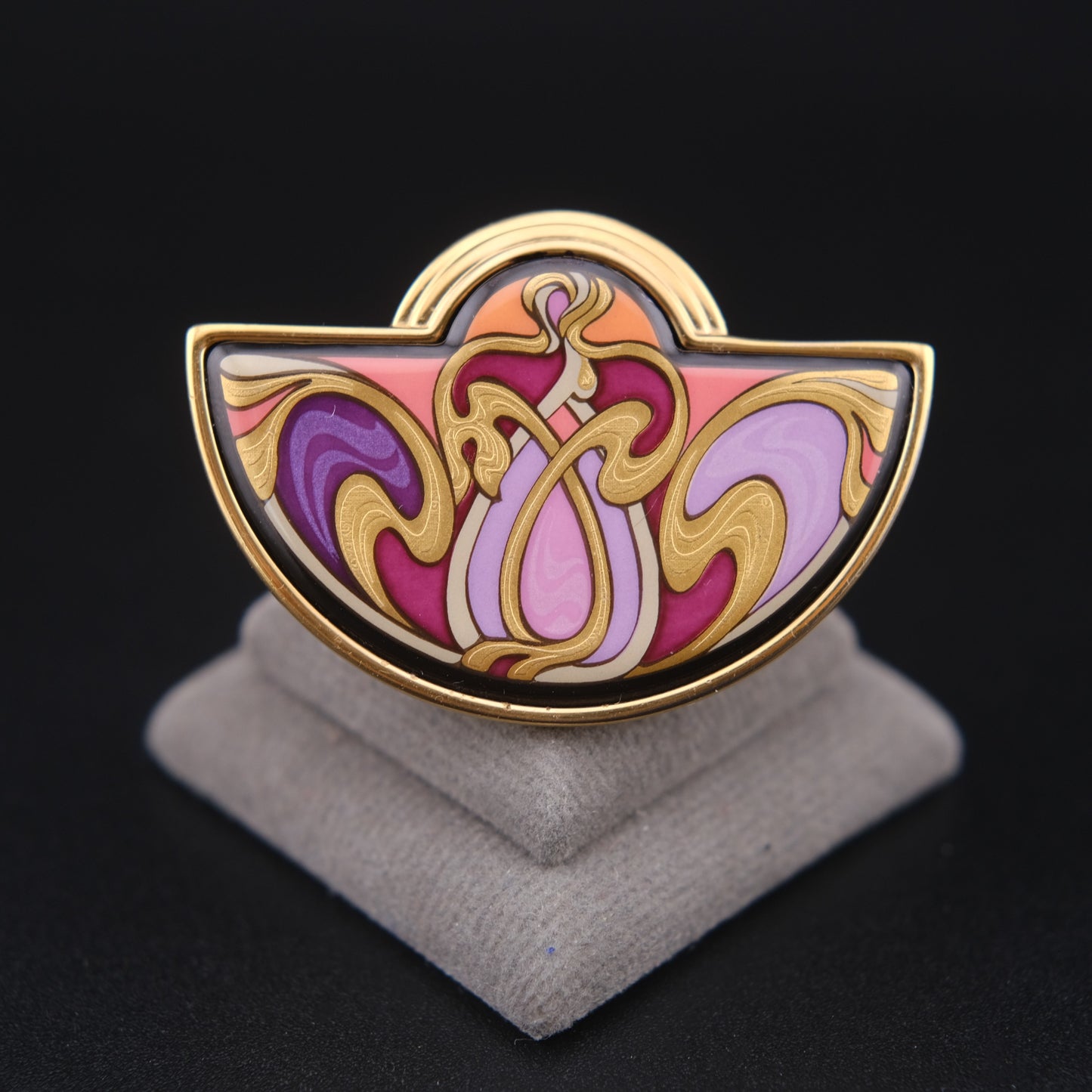 ❤️ Michael Frey Wille Half Moon Enamel Pendant – Hommage à Alphonse Mucha “Sarah Bernhardt Burgundy”, 24K Gold Plated Vienna Austria