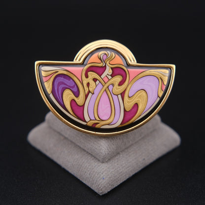 ❤️ Michael Frey Wille Half Moon Enamel Pendant – Hommage à Alphonse Mucha “Sarah Bernhardt Burgundy”, 24K Gold Plated Vienna Austria