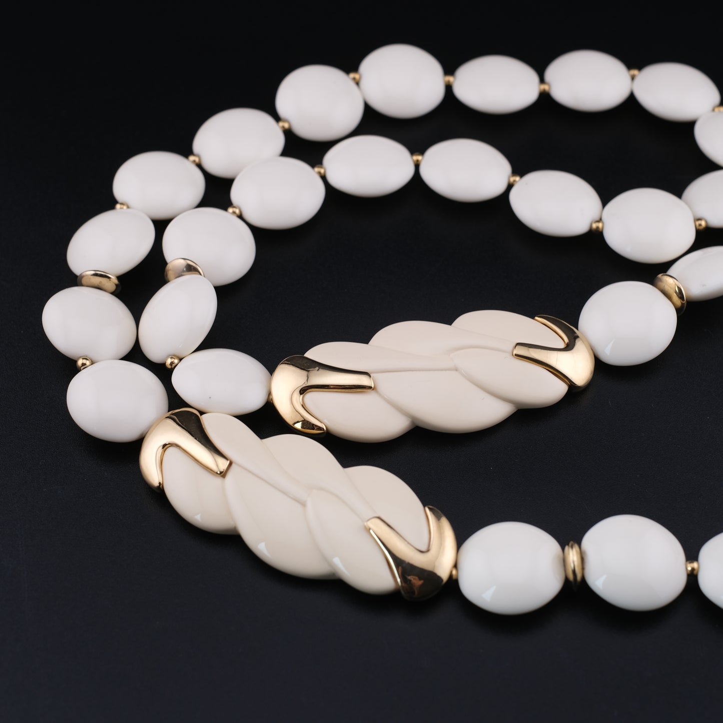 Vintage Trifari White Lucite Station Necklace with Sculptural Gold-Tone Accents