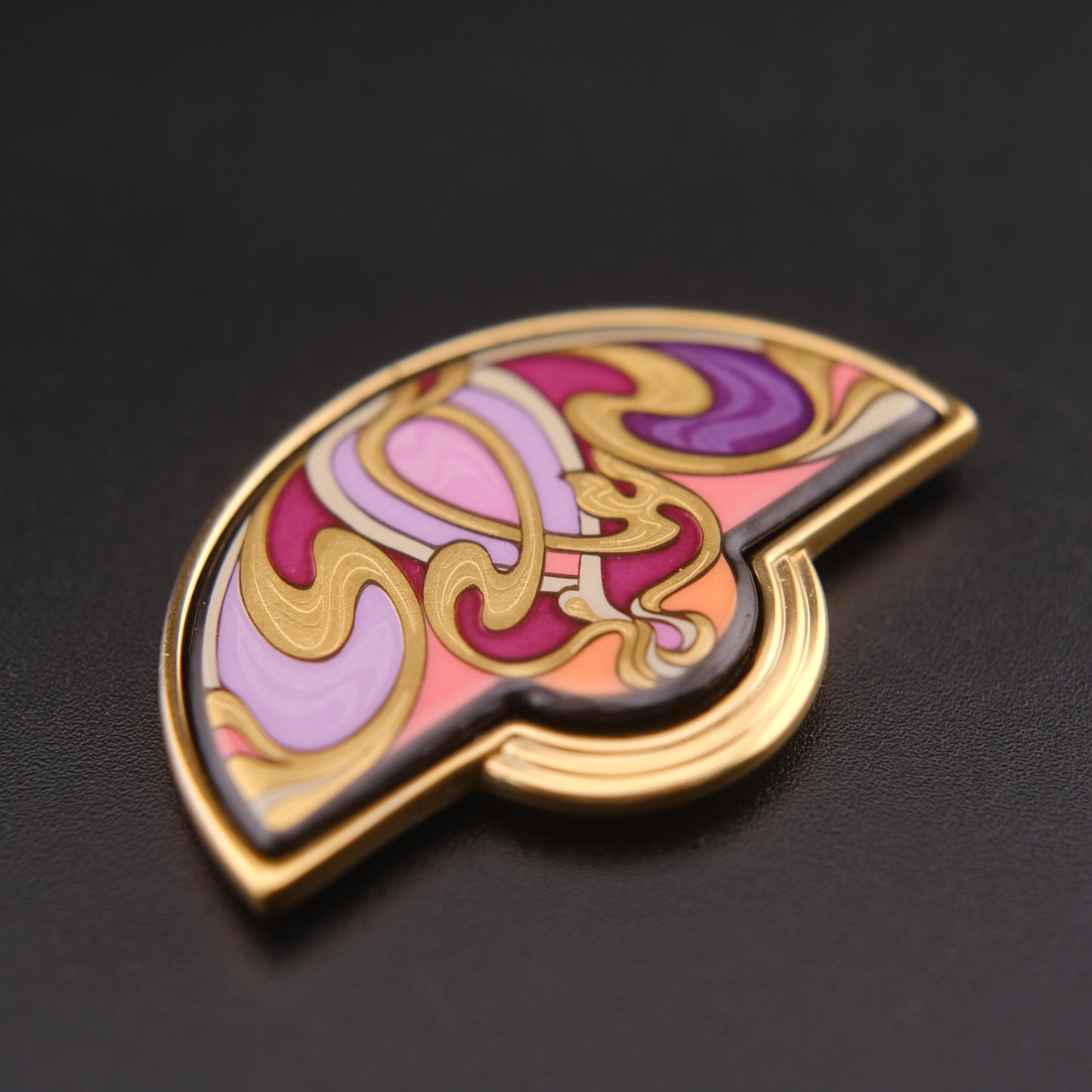 ❤️ Michael Frey Wille Half Moon Enamel Pendant – Hommage à Alphonse Mucha “Sarah Bernhardt Burgundy”, 24K Gold Plated Vienna Austria