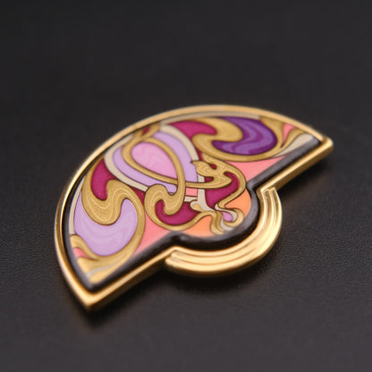 ❤️ Michael Frey Wille Half Moon Enamel Pendant – Hommage à Alphonse Mucha “Sarah Bernhardt Burgundy”, 24K Gold Plated Vienna Austria