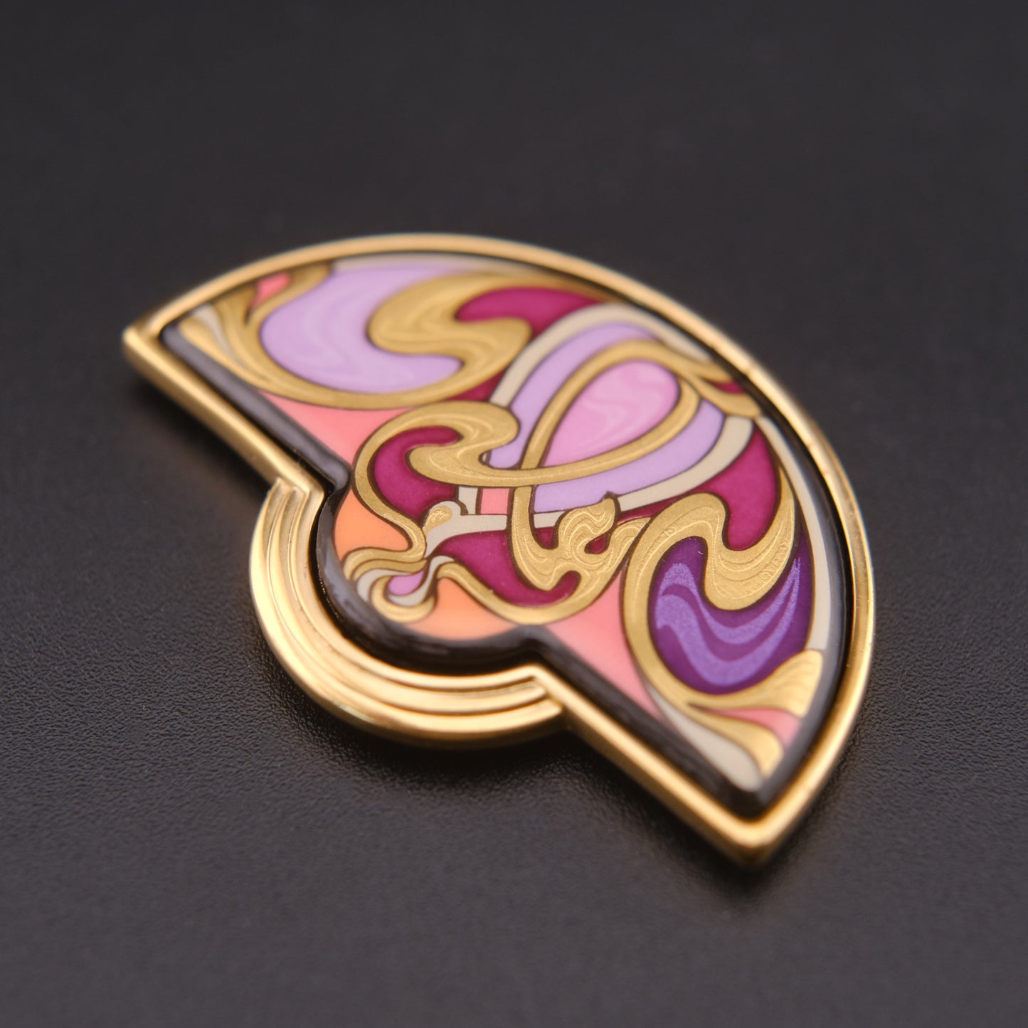 ❤️ Michael Frey Wille Half Moon Enamel Pendant – Hommage à Alphonse Mucha “Sarah Bernhardt Burgundy”, 24K Gold Plated Vienna Austria