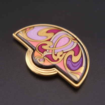 ❤️ Michael Frey Wille Half Moon Enamel Pendant – Hommage à Alphonse Mucha “Sarah Bernhardt Burgundy”, 24K Gold Plated Vienna Austria