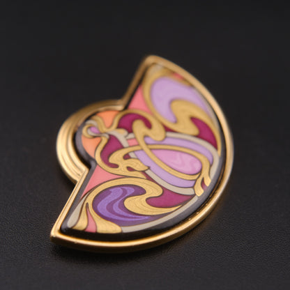❤️ Michael Frey Wille Half Moon Enamel Pendant – Hommage à Alphonse Mucha “Sarah Bernhardt Burgundy”, 24K Gold Plated Vienna Austria