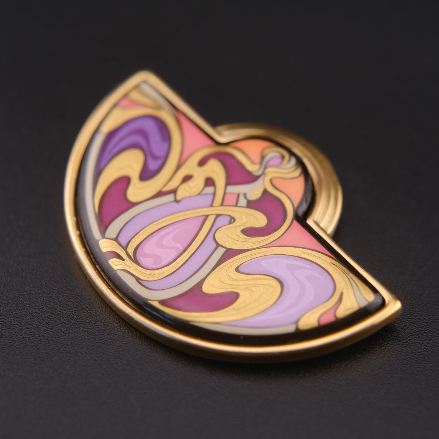 ❤️ Michael Frey Wille Half Moon Enamel Pendant – Hommage à Alphonse Mucha “Sarah Bernhardt Burgundy”, 24K Gold Plated Vienna Austria
