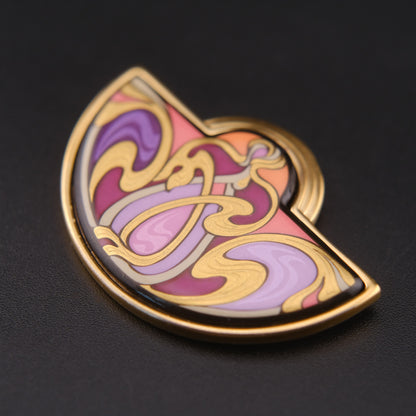 ❤️ Michael Frey Wille Half Moon Enamel Pendant – Hommage à Alphonse Mucha “Sarah Bernhardt Burgundy”, 24K Gold Plated Vienna Austria