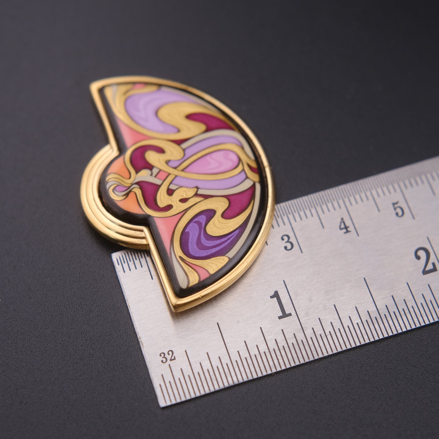 ❤️ Michael Frey Wille Half Moon Enamel Pendant – Hommage à Alphonse Mucha “Sarah Bernhardt Burgundy”, 24K Gold Plated Vienna Austria
