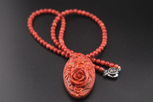 Vintage Carved Coral Necklace – Floral Rose Pendant with Sterling Silver Clasp