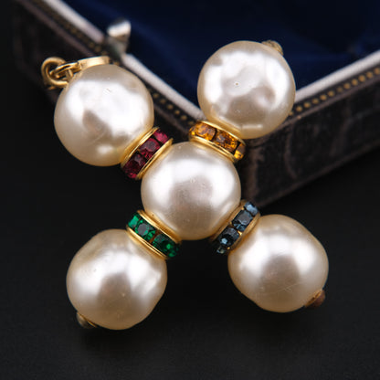 ❤️ Agatha Faux Pearl Cross Pendant – Multicolor Crystal Spacers (Pendant Only)