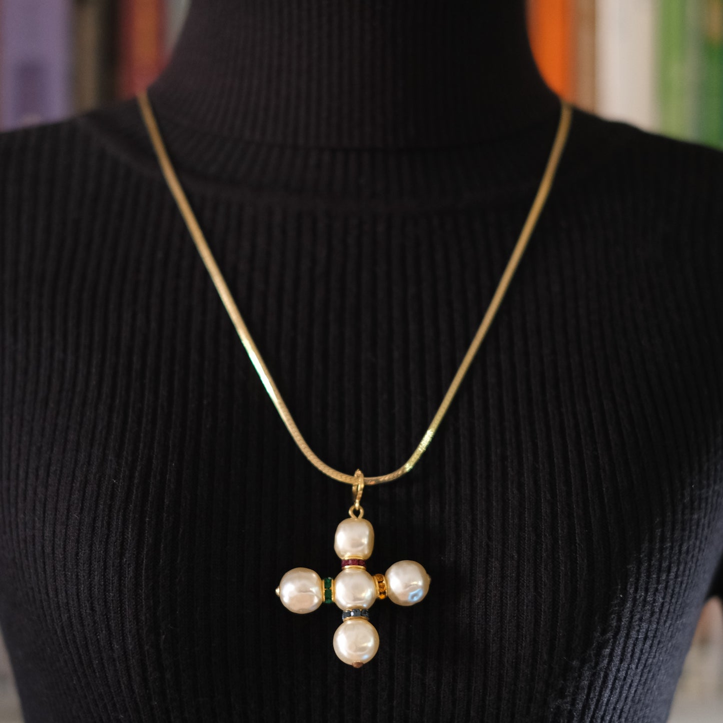 ❤️ Agatha Faux Pearl Cross Pendant – Multicolor Crystal Spacers (Pendant Only)