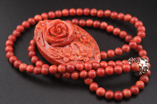 Vintage Carved Coral Necklace – Floral Rose Pendant with Sterling Silver Clasp