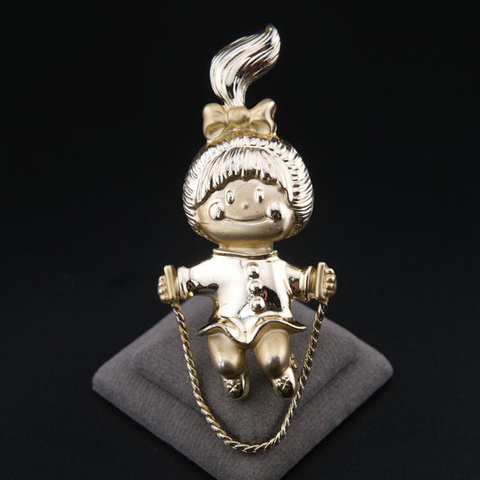 Vintage AJC Girl Skipping Rope Brooch – Gold Tone Moving Chain Figural Pin