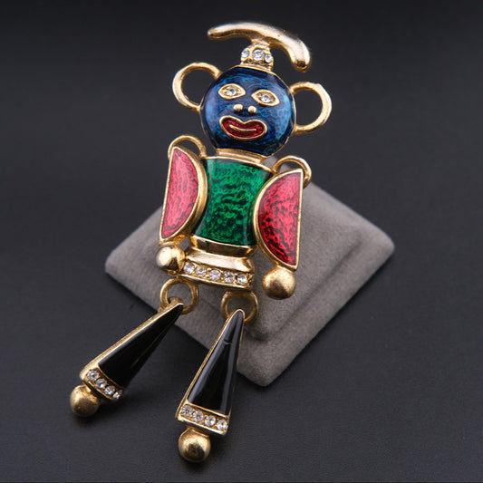 Vintage Articulated Clown Brooch / Pendant – Gold Tone Enamel Rhinestone Movable Figure (Convertible Jewelry)