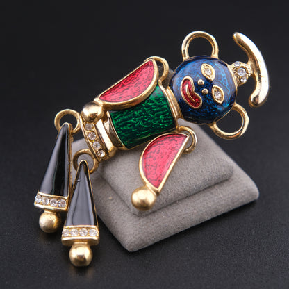 Vintage Articulated Clown Brooch / Pendant – Gold Tone Enamel Rhinestone Movable Figure (Convertible Jewelry)