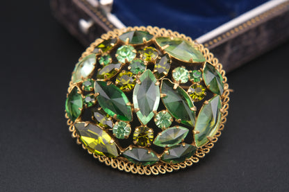Austria Green Rhinestone Brooch – Gold-Tone Filigree with Navette & Round-Cut Stones