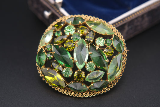 Austria Green Rhinestone Brooch – Gold-Tone Filigree with Navette & Round-Cut Stones