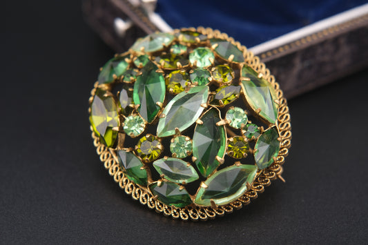 Austria Green Rhinestone Brooch – Gold-Tone Filigree with Navette & Round-Cut Stones