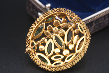 Austria Green Rhinestone Brooch – Gold-Tone Filigree with Navette & Round-Cut Stones