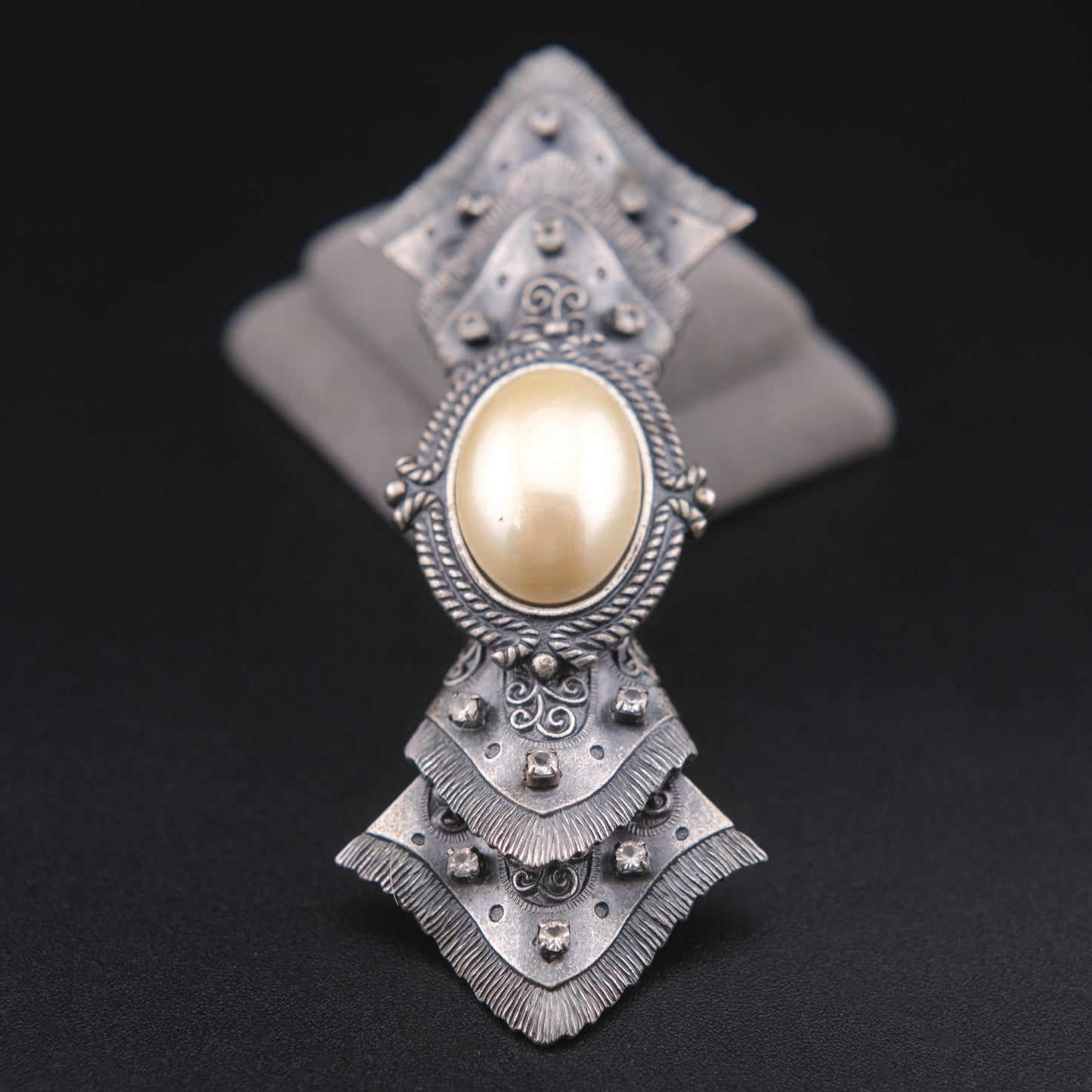 Vintage Sculptural Bow Brooch in Oxidized Silver Tone with Oval Ivory Cabochon and Rhinestone Accents, Signed