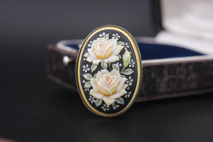 Vintage Toshikane Japan Yellow Rose Brooch Pendant – Hand-Painted Porcelain with Dual Functionality