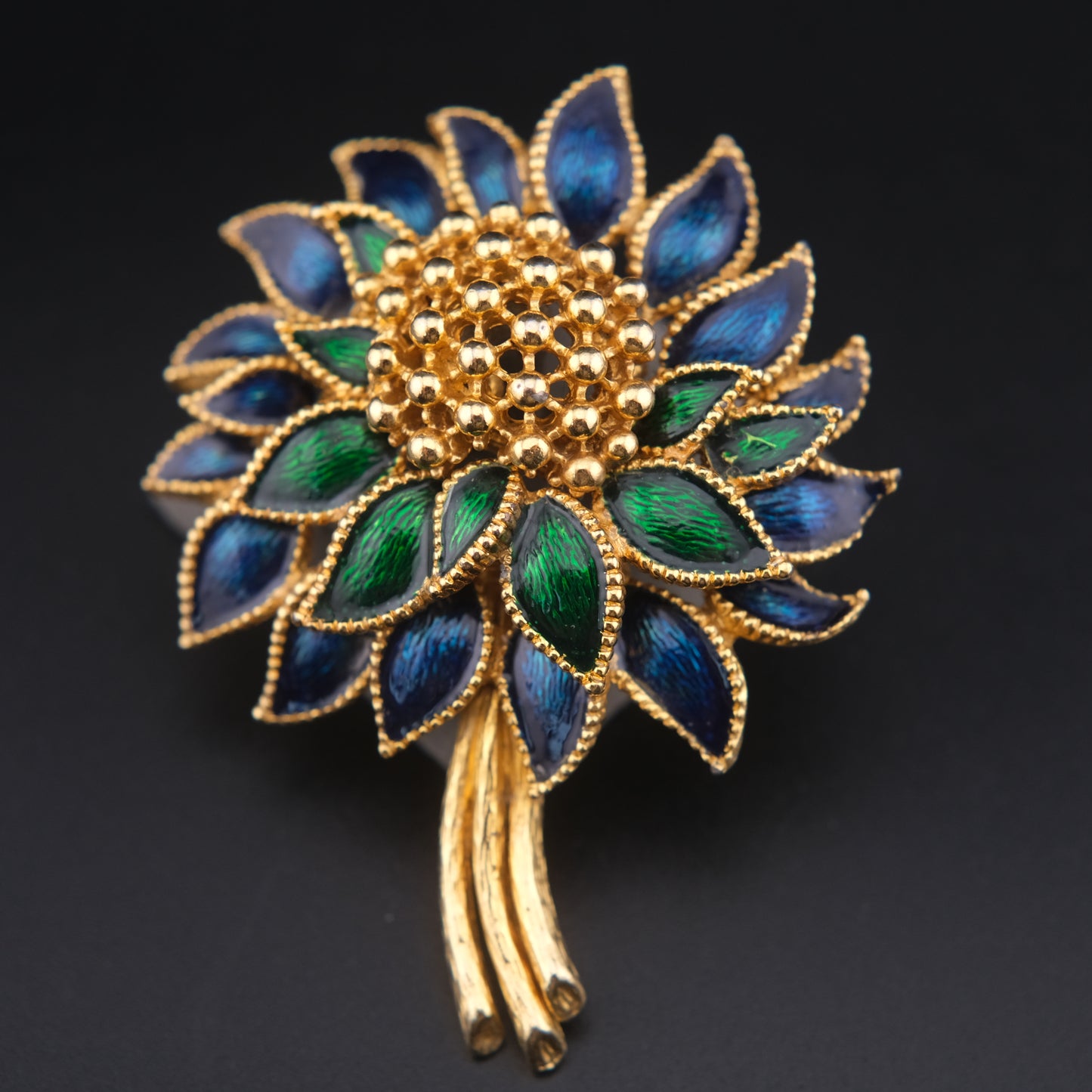 ❤️ Vintage Blue Green Enamel Flower Brooch Gold Tone Statement Pin