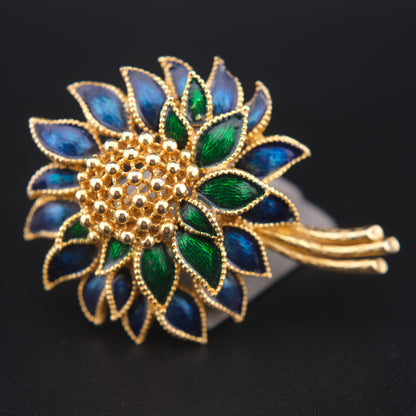 ❤️ Vintage Blue Green Enamel Flower Brooch Gold Tone Statement Pin